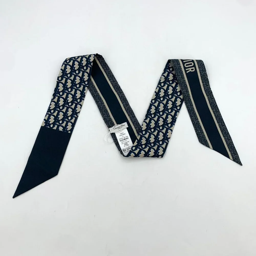 H19846 Christian Dior dark blue logo printed mulberry silk scarf 105*6cm